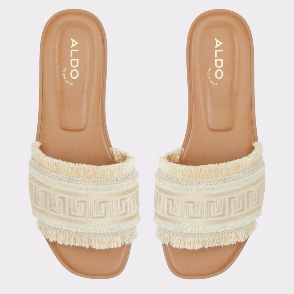 NEW IN BOX! ALDO Nalani fringe flat sandals in gold Greek Key Pattern Women’s 8